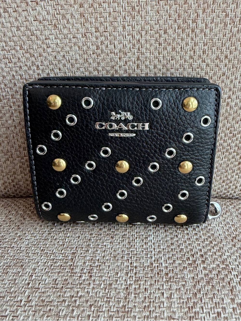 Coach Black Leather Grommet & Gold-Stud snap wallet